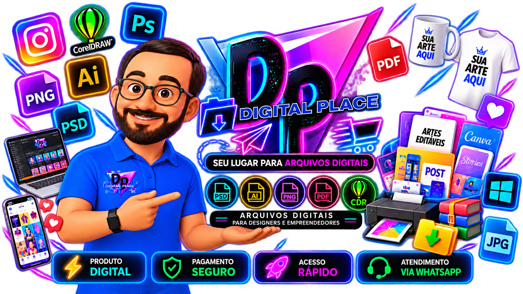 Atendente e logo da Digital Place